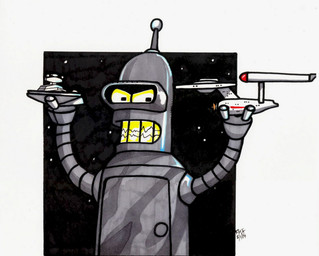 antennae_(anatomy) holding_object machine male miniature_model playing simple_background size_difference solo star_destroyer rekmac comedy_central futurama star_trek star_wars bender_bending_rodríguez uss_enterprise robot signature