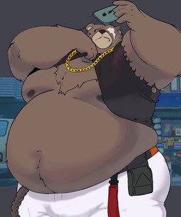 anthro belly brown_body brown_fur cellphone clothed clothing clothing_lift electronics facial_scar fur jewelry male missing_eye moobs navel necklace nipples overweight overweight_anthro overweight_male phone scar selfie shirt shirt_lift smartphone solo topwear loph_artz mihoyo zenless_zone_zero ben_bigger bear mammal hi_res