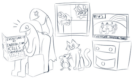 ambiguous_gender armchair blouse bodily_fluids chair clothed clothing crying electronics eyelashes eyewear female feral furniture group happy male newspaper nude plant sun sunglasses tears tears_of_joy television text topwear tree window funcomicslol animate_inanimate domestic_cat felid feline felis human mammal rodent blue_and_white english_text monochrome