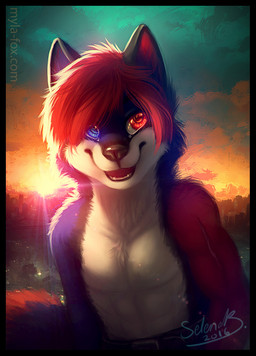 anthro backlighting black_border blue_body blue_eyes blue_fur border fangs front_view fur glistening glistening_eyes hair heterochromia light looking_aside male multicolored_body multicolored_fur nude open_mouth open_smile outside red_body red_eyes red_fur red_hair smile solo sunset teeth text white_body white_fur mylafox canid canine canis mammal wolf 2016 dated half-length_portrait lighting portrait signature url