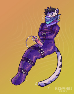 anthro belt_bondage black_body black_fur black_hair blush bodily_fluids erection fullbody_straitjacket fur gag gagged genitals glistening glistening_eyes hair humanoid_genitalia humanoid_penis male markings messy_hair narrowed_eyes penile penis penis_milking purple_eyes restraints short_hair simple_background solo straitjacket striped_body striped_fur striped_markings striped_tail stripes sweat tail tail_markings text three-quarter_view white_body white_fur kiwyne vaurien felid mammal pantherine tiger 2021 artist_name dated full-length_portrait hi_res portrait