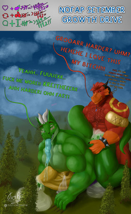 anal anal_penetration biceps big_muscles big_penis bodily_fluids chest_tuft collar complex_shading cum detailed_background excessive_cum excessive_genital_fluids excessive_precum florest fur genital_fluids genitals green_body growth growth_drive hair horn huge_muscles huge_penis hyper hyper_genitalia hyper_penis lactating leaking_precum long_tongue macro male male/male male_lactation muscular muscular_male nipples nude outdoor_background outdoor_nudity outside outside_sex pecs penetration penile penile_penetration penis penis_in_ass precum precum_on_ground precum_on_penis red_body red_fur red_hair sex sky skyscape tail text tongue tuft tiotiored mythology kreither victor_(tiotiored) dragon mythological_creature mythological_scalie scalie clip_studio_paint_(artwork) digital_media_(artwork) english_text hi_res
