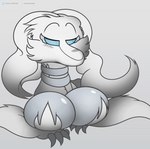 anthro big_breasts breasts breasts_squish female fur hair half-closed_eyes long_hair narrowed_eyes nude presenting simple_background solo white_body white_hair foxball nintendo pokemon generation_5_pokemon legendary_pokemon pokemon_(species) reshiram hi_res