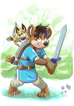 anthro barefoot bow_(weapon) brown_body brown_fur brown_hair brown_nose clothed clothing duo ear_piercing ear_ring feet front_view fur glistening glistening_eyes grass hair holding_bow_(weapon) holding_melee_weapon holding_object holding_ranged_weapon holding_sword holding_weapon logo male melee_weapon mouth_closed multicolored_hair piercing plant purple_hair quiver_(object) ranged_weapon ring_piercing short_hair size_difference standing sword tan_body tan_fur two_tone_hair weapon yellow_eyes young young_anthro young_male pandapaco bear felid mammal artist_logo hi_res signature