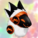 anthro black_ears fur machine male orange_eyes rainbow_background simple_background solo text white_body white_fur ittybittiestpawz enduro_(character) protogen 1:1 english_text headshot_portrait hi_res portrait