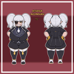 accessory armor big_breasts boots breasts clothed clothed_female clothed_humanoid clothing eye_patch eyewear facial_scar female footwear gauntlets gloves hair handwear huge_breasts light_body light_skin looking_at_viewer necktie pointy_ears scar shoes shortstack shortstack_female smile smiling_at_viewer solo teeth text twintails_(hairstyle) white_hair yellow_eyes freepancakes final_fantasy final_fantasy_xiv square_enix athenia_adominian humanoid lalafell mammal 1:1 absurd_res hi_res model_sheet