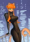 anthro building clothed clothing female fully_clothed green_eyes hair inner_ear_fluff leaning_on_object night orange_hair outside railing skinsuit skyscraper solo tan_body tan_inner_ear_fluff tight_clothing tuft conditional_dnp jollyjack domestic_cat felid feline felis mammal 2025