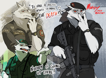 4_fingers alternative_fashion angry anthro badge belt beret biped black_clothing black_nose black_sclera bottomwear bulletproof_vest cheek_tuft claws clock clothed clothing dialogue ears_back electronics eyebrows facial_markings facial_tuft finger_claws fingers fur gesture grey_body grey_fur gun half-closed_eyes hand_gesture hat head_markings head_tuft headgear headwear holding_object holding_weapon magazine_pouch male markings mask_(marking) narrowed_eyes open_mouth pants pivoted_ears pockets pointing police police_uniform ranged_weapon rifle shirt solo tail teeth text tongue topwear tuft uniform uniformed_male walkie-talkie watch weapon white_body white_fur wristwatch yelling murizy bope dreamworks elite_squad puss_in_boots_(franchise) death_(puss_in_boots) canid canine canis mammal wolf absurd_res crossover digital_drawing_(artwork) digital_media_(artwork) english_text hi_res portuguese_text