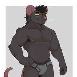 anthro armpit_hair black_hair black_seam_briefs body_hair briefs briefs_only bulge clothed clothing ear_piercing ear_ring fur grey_body grey_briefs grey_clothing grey_fur grey_underwear hair hairless_tail hand_on_hip looking_at_viewer male muscular muscular_anthro muscular_male navel nipples notched_ear pecs piercing ring_piercing simple_background smile solo standing topless underwear underwear_only whiskers yellow_sclera bezzeroo mammal murid murine rat rodent 1:1 digital_media_(artwork) hi_res portrait three-quarter_portrait