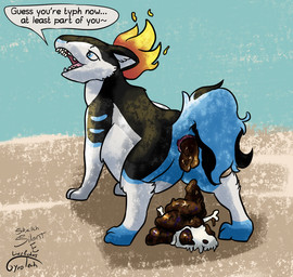 abdominal_bulge anus blue_eyes bodily_fluids bone countershading death disposal drooling feces feral feral_pred feral_prey male male_pred male_prey markings paws pooping purple_body quadruped saliva skull tan_body text vore gyrotech silent_e nintendo pokemon blitz_(gyro) fan_character generation_2_pokemon pokemon_(species) quilava typhlosion english_text