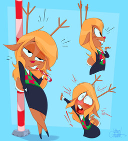 4_fingers anthro antlers bar_emanata barefoot big_eyes biped black_bottomwear black_clothing black_emanata black_eyebrows black_eyes black_hooves black_skirt black_sweater black_topwear blonde_hair blue_background blue_border blue_text blush border bottomwear breasts brown_body brown_ears brown_freckles brown_fur brown_horn brown_tail buckteeth candy candy_cane candy_cane_in_mouth checkered checkered_clothing checkered_topwear checkered_vest christmas_decorations clothed clothed_anthro clothed_female clothing collared_shirt constricted_pupils countershade_fur countershade_tail countershading crossed_legs dessert ears_down eating eating_candy emanata exclamation_point eyebrow_through_hair eyebrows eyelashes feet female female_anthro fingers flash_emanata food freckled_face freckles front_view fur furgonomics gesture glistening glistening_hair glowing glowing_nose green_clothing green_topwear green_vest hair hand_in_pocket holding_candy_cane holidays hooves horn leaning leaning_backward leaning_on_object lidded_eyes long_eyelashes long_hair looking_at_viewer open_mouth open_smile panicking pattern_clothing pattern_topwear pattern_vest pencil_skirt pink_stripes pivoted_ears pockets pole pupils raised_eyebrow raised_finger raised_pinky red_clothing red_emanata red_glow red_mouth red_nose red_stripes red_tongue red_topwear red_vest scut_tail shadow shirt short_tail side_view simple_background skirt small_breasts small_pupils smile solo standing stripes sweater sweater_vest tail tail_through_skirt teeth text tongue toony topwear translucent translucent_hair unguligrade vest white_body white_countershading white_dress_shirt silentjack christmas deltarune undertale_(series) noelle_holiday deer mammal new_world_deer reindeer artist_name colored digital_drawing_(artwork) digital_media_(artwork) full-length_portrait half-length_portrait hi_res multiple_scenes portrait shaded signature