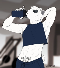 abs anthro athletic bottomwear clothing gym hand_behind_head holding_object looking_at_viewer male muscular pants profile raised_arm smile solo standing thermos kartoha harleo bear mammal polar_bear ursine absurd_res hi_res