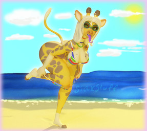 ahoge anthro beach bikini bikini_pull blonde_hair bottomless choker clothed clothing clothing_pull ear_piercing ear_ring eyewear female flag_bikini flag_swimwear fur green_eyes hair hooves horn jewelry looking_at_viewer markings necklace ossicone piercing purple_tongue ring_piercing sand sea smile solo spots spotted_body spotted_fur standing sunglasses swimwear swimwear_pull tail tongue tongue_out two-piece_swimsuit water siakstuff nivie_mielentuli giraffe giraffid mammal 3d_(artwork) digital_media_(artwork) hi_res