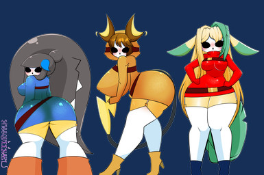 anthro big_breasts big_butt breasts butt clothing cosplay female group hoodie huge_breasts legwear mask stockings thick_thighs topwear trio missqueenshi mario_bros nintendo pokemon cheryl_zephyr julia_sparks_(faelocke) morganne_(crazymawie) eeveelution generation_1_pokemon generation_3_pokemon generation_4_pokemon leafeon mawile pokemon_(species) raichu shyguy absurd_res alpha_channel hi_res