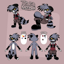 alternative_fashion ambiguous_gender anthro armwear beanie biped black_nose boots clothing collar fishnet_armwear fishnet_clothing footwear fur grey_body grey_fur hat headgear headwear multiple_angles punk punk_hair raccoon_tail red_eyes shoes solo standing trevor-fox mammal procyonid raccoon 1:1 hi_res model_sheet multiple_images