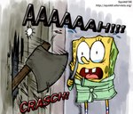 anthro axe bathrobe blade bodily_fluids buckteeth clothed clothing door knife male melee_weapon on_model parody robe screaming solo sponge tears teeth weapon yellow_body yellow_skin stepanda nickelodeon spongebob_squarepants stephen_king_(copyright) the_shining spongebob_squarepants_(character) marine sea_sponge