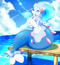 anthro blue_eyes blue_hair blush eyelashes female hair long_hair open_mouth sky smile solo split_form starfish_(accessory) summer water cosith nintendo pokemon aquatic asterozoan echinoderm generation_7_pokemon mammal pinniped pokemon_(species) primarina starfish digital_media_(artwork) hi_res