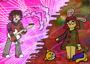 abstract_background anthro blood blood_on_leg bodily_fluids brown_hair button_dress clashing clothing confident curly_hair death decapitation dress duo electric_guitar emotionless female footwear guitar hair headless legwear male music musical_instrument pattern_clothing pattern_dress pattern_legwear pink_background playing_guitar playing_music plucked_string_instrument red_background severed_body_part severed_head shoes simple_background smile sneakers standing string_instrument striped_clothing striped_dress striped_legwear stripes sweater sweater_vest tail tail_tuft topwear tuft vest psykwol porter_robinson stomach_book charlotte_(stomach_book) odette_(stomach_book) human lagomorph leporid mammal rabbit