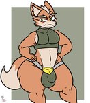 annoyed anthro belt_buckle big_bulge big_tail black_nose blush blush_lines buckle bulge clothing crop_top eyebrows femboy fox_tail frown fur gold_(metal) gold_jewelry green_clothing green_eyes green_jockstrap green_undergarments green_underwear hands_on_hips jewelry jockstrap looking_at_viewer male mohawk multicolored_body multicolored_fur muscular muscular_anthro muscular_femboy muscular_male pecs shirt simple_background solo tail thick_thighs thong topwear underwear wide_hips kingretrokirby nintendo star_fox fox_mccloud canid canine fox mammal absurd_res hi_res