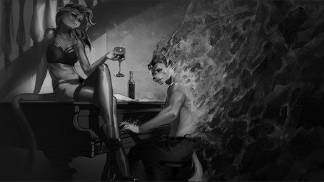 5_fingers abs alcohol anthro beverage big_breasts bra breasts cleavage clothed clothing container cup drinking_glass duo eyebrows feline_ears female fingers footwear glass glass_container glass_cup gradient_background grand_piano hair high_heels intersex keyboard_instrument legwear lingerie long_hair long_tail male male/female muscular muscular_female musical_instrument panties piano sharp_teeth shoes simple_background sitting_on_piano stockings tail teeth thigh_highs tongue tongue_out under_boob underwear wine wine_bottle wine_glass hnz felid feline mammal digital_media_(artwork) hi_res monochrome