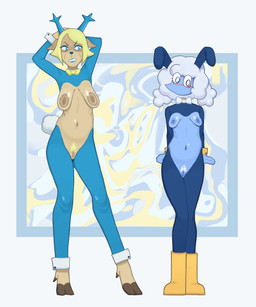 anthro blush boots breasts clothing cloud costume duo fake_ears female footwear genitals grimace hands_behind_back hands_behind_head nipples pubes reverse_bunny_costume sagging_breasts shoes tail vulva miliandpaint deltarune undertale_(series) carol_holiday elnina_(deltarune) air_creature air_humanoid deer elemental_creature elemental_humanoid humanoid living_cloud mammal new_world_deer reindeer absurd_res hi_res