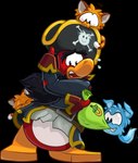 beard belt black_clothing black_jacket black_topwear brown_belt brown_hair clothing eyes_closed facial_hair green_bag group hair jacket male open_mouth pirate_hat shirt toony topwear upper_teeth white_clothing white_shirt white_topwear unknown_artist club_penguin captain_rockhopper avian bird cat_puffle dog_puffle penguin puffle absurd_res alpha_channel full-length_portrait hi_res official_art portrait