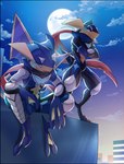 2_toes 3_fingers abs anthro blue_body blue_eyes blue_skin clothed clothed_anthro clothed_male clothing cloud crossed_arms duo feet fingers front_view male moon night outside sitting sky smile standing star toes tongue donutella nintendo pokemon alex_(mclarensenna18) generation_6_pokemon greninja pokemon_(species) 2025 absurd_res digital_media_(artwork) hi_res