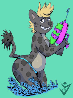 anthro bikini_thong blonde_hair blue_clothing chest_tuft clothing fur grey_body grey_fur hair male markings schizodivinity slightly_chubby slightly_chubby_anthro slightly_chubby_male smile solo splash splashing_water spots spotted_body spotted_fur swimwear swimwear_only tail thick_thighs toy toy_gun tuft water water_gun calahoo_(calahootheyeen) hyena mammal spotted_hyena 3:4 hi_res