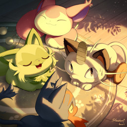 ambiguous_gender bodily_fluids brown_eyes cheek_tuft closed_smile detailed_background eyes_closed facial_tuft feral fur group light mouth_closed neck_tuft open_mouth open_smile paws pupils quadruped shadow smile sunlight sweat sweatdrop tail tongue tuft white_sclera yellow_sclera hoishere7 nintendo pokemon felid feline generation_1_pokemon generation_3_pokemon generation_7_pokemon generation_9_pokemon litten mammal meowth pokemon_(species) skitty sprigatito 1:1 2026 absurd_res hi_res lighting shaded signature