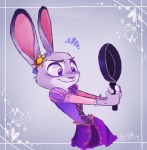 anthro buckle clothed clothing cookware dress embroidery female flower frying_pan fur grey_body grey_fur hair kitchen_utensils long_ears plant purple_eyes smile solo tools chezlizz disney tangled_(disney) zootopia judy_hopps rapunzel_(disney) lagomorph leporid mammal rabbit 2016