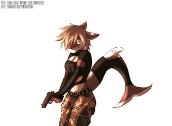 anthro armwear band-aid band-aid_on_face band-aid_on_tail bandage bandage_on_face breasts camo cleavage cleavage_cutout clothed clothing cutout elbow_gloves female furgonomics gloves gun hair handgun handwear keyhole_turtleneck midriff non-mammal_breasts pistol ranged_weapon short simple_background solo sweater tactical tail tail_clothing tail_warmer topwear turtleneck weapon white_background saintversa aquatic fish shark hi_res