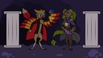 anthro cave clothed clothing cursed_object digitigrade duo excited feathered_wings feathers imminent_inflation legwear male medallion pillar proud standing tail thigh_highs wigs wings vorchitect naku_avem unknown_character alien avali avian 16:9 absurd_res hi_res tagme widescreen