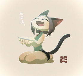 anthro barefoot black_tail clothed clothing ears_up eyes_closed feet female holding_object open_mouth pen relieved simple_background solo tail text fu_go_fu_go felid feline felis mammal hi_res
