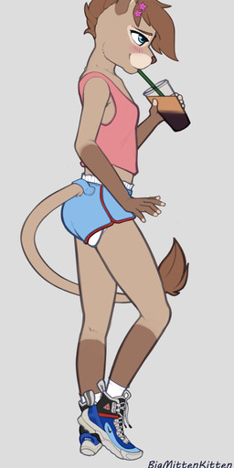 5_fingers accessory adolescent anthro beverage biped blue_eyes blush bottomwear breasts brown_hair clothed clothed_anthro clothed_female clothing container cup diaper diaper_peekage diaper_under_clothing dipstick_fingers drinking exposed_diaper female female_anthro fingers footwear furgonomic_bottomwear furgonomics hair hair_accessory hairclip holding_container holding_cup holding_object hotpants loli plantigrade pose shirt shoes short_hair shorts side_view small_breasts smile sneakers socks solo standing tail tail_tuft tank_top text topwear tuft wearing_diaper young young_anthro young_female bigmittenkitten keila_(hendric) felid lion mammal pantherine absurd_res artist_name digital_drawing_(artwork) digital_media_(artwork) english_text full-length_portrait hi_res portrait