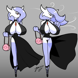 bag big_breasts blue_body blue_hair breasts clothing curvy_figure dress female genitals hair hourglass_figure huge_breasts long_legs micro_calves micro_legs micro_thighs multicolored_body red_eyes side_boob skinny_female skinny_humanoid solo standing text thigh_gap thin_calves thin_legs thin_thighs top_heavy vulva white_body wind zedrin nintendo pokemon lucille_(zedrin) gardevoir generation_3_pokemon humanoid pokemon_(species) shiny_pokemon 1:1 signature