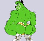 anthro black_nose butt candy clothing cute_fangs dessert fangs food green_body gummy_(food) gummy_bear_(food) male simple_background solo teeth underwear lewdookami broly_culo gummybear_and_friends gummibar bear food_creature mammal 2021 meme