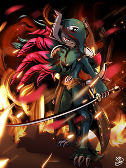 ambiguous_gender anthro black_body black_fur cosplay fire fur horn katana looking_at_viewer melee_weapon one_wing red_eyes smile solo sword weapon aproelefsiy final_fantasy final_fantasy_vii nintendo pokemon square_enix sephiroth_(final_fantasy_vii) generation_9_pokemon mammal mega_absol_z mega_evolution pokemon_(species) 3:4 hi_res signature