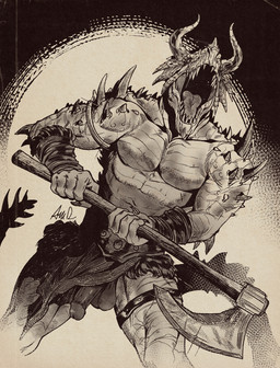action_pose anthro axe balls claws finger_claws genitals glans horn humanoid_genitalia humanoid_penis male muscular muscular_male open_mouth penis pose solo spikes spikes_(anatomy) tail teeth ama_dench_art scalie hi_res monochrome