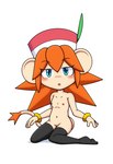 blush clothing female hair hat headgear headwear jewelry legwear looking_at_viewer nipples orange_hair simple_background solo stockings kcn bandai_namco klonoa_(series) lolo_(klonoa) animal_humanoid haplorhine humanoid mammal mammal_humanoid monkey monkey_humanoid primate primate_humanoid