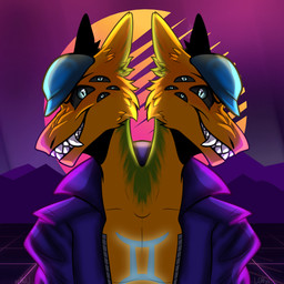 2_heads 8_eyes anthro clothing duo hat headgear headwear jacket looking_at_viewer male multi_eye multi_head multicolored_body muscular synthwave teeth teeth_showing topwear unknown_artist gemini_the_sergal sergal 1:1 hi_res icon
