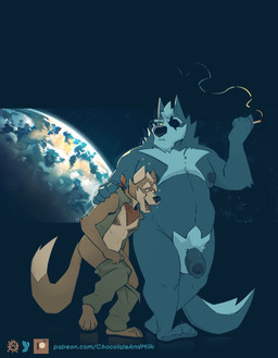 anthro balls belly big_belly black_nose bottomwear brown_body brown_fur cigarette clothed clothing duo eye_patch eyewear flaccid foreskin front_view fur genitals green_bottomwear green_clothing green_pants green_topwear green_vest grey_body grey_fur holding_cigarette holding_object humanoid_genitalia humanoid_penis male male_anthro moobs mouth_closed narrowed_eyes nude open_clothing open_mouth open_smile open_topwear open_vest overweight overweight_anthro overweight_male pants penis planet slim_anthro slim_male smile standing tan_body tan_fur topwear undressing vest white_balls chocolateandmilk nintendo star_fox fox_mccloud wolf_o'donnell canid canine canis fox mammal wolf hi_res