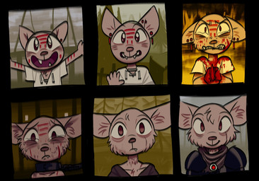 age_progression ambiguous_gender anthro blood blood_on_clothing bodily_fluids bound chain chained chest_tuft clothing ear_piercing ear_ring ears_down fangs fire forest forest_background frown fur gradient_eyes holding_object holding_weapon inner_ear_fluff markings nature nature_background piercing pink_body pink_fur pivoted_ears plant red_markings ring_piercing scowl sharp_teeth smile solo tears teeth tree tuft weapon white_clothing buttergug canid humanoid mammal digital_drawing_(artwork) digital_media_(artwork) hi_res multiple_scenes