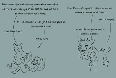 after_sex anthro apology balls crossed_legs dialogue duo genitals gesture grin high_five male nervous nervous_smile penis reclining simple_background smile text ravalska poro_alska rav_alska canid canine deer fox mammal comic english_text hi_res sketch