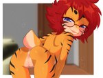 anthro anus blue_eyes blush eyewear female genitals glasses hair innie_pussy looking_at_viewer looking_back looking_back_at_viewer orange_body orange_skin pussy rear_view red_hair scut_tail short_tail solo striped_body striped_skin stripes tail young young_female aoizuri andromeda_(ajdurai) amphibian frog hybrid lagomorph leporid mammal rabbit 4:3