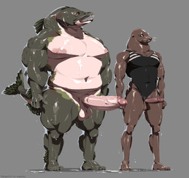 anthro areola aroused backlighting balls barazoku belly big_penis black_clothing black_swimwear brown_balls brown_body brown_fur clothed clothing clothing_aside dripping duo erection fin fish_tail foreskin fur genitals glans glistening glistening_body glistening_genitalia glistening_penis green_body grey_background highlights_(coloring) light looking_at_genitalia looking_at_penis looking_down male male/male markings moobs musclegut muscular muscular_anthro muscular_arms muscular_male muscular_thighs navel nipples non-mammal_balls non-mammal_nipples nude one-piece_swimsuit overweight overweight_anthro overweight_male pecs penis pink_areola pink_nipples pink_penis puddle scales sharp_teeth simple_background size_difference slightly_chubby slightly_chubby_male spots spotted_markings spotted_tail standing swimwear swimwear_aside tail tail_markings teeth thick_thighs underbelly vein veiny_penis water wet wet_body wet_fur whiskers white_balls white_belly white_chest yellow_eyes select-o-matic aquatic california_sea_lion fish mammal pink_salmon pinniped salmon salmonid_(fish) sea_lion 2026 absurd_res digital_drawing_(artwork) digital_media_(artwork) hi_res lighting lineless shaded signature