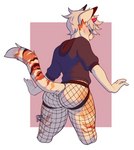 anthro blonde_hair butt clothed clothing femboy fishnet_clothing hair hoodie horn looking_at_viewer male purple_eyes simple_background solo topwear junebuq reuko cheetah felid feline mammal 2022 digital_media_(artwork) hi_res shaded