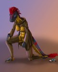 black_body black_genitalia bowing breasts clothing eyes_closed feathers female genitals hair ineffective_clothing kneeling legwear markings pussy red_hair red_markings robe scales tail thigh_highs yellow_body yellow_scales drqube dinosaur dromaeosaurid feathered_dinosaur feathered_scalie prehistoric_species reptile scalie theropod hi_res