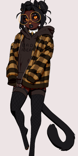 black_body black_fur black_hair black_lips black_sclera brown_body brown_skin claws clothing collar cross digitigrade ear_piercing eyeliner eyewear female fishnet_clothing fishnet_legwear fur furry_legs glasses grey_background hair hair_bun hoodie legwear lips looking_at_viewer makeup markings piercing short_hair simple_background solo standing text text_on_clothing text_on_hoodie text_on_topwear thigh_highs topwear yellow_claws yellow_eyes yellow_nose missy_(artist) oz_(ozthegoblin) animal_humanoid humanoid digital_media_(artwork) english_text male_(lore)