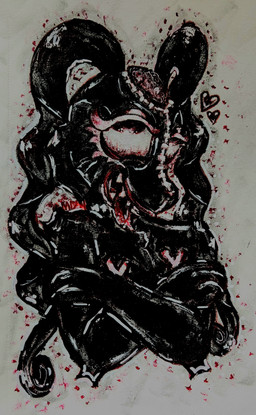 ambiguous_gender anthro bdsm bdsm_outfit black_body black_fur bloodshot_eyes bodily_fluids brain clothing crazy_eyes crossed_arms drooling ear_hair eye_roll eyelashes femboy feminine fur gore head_wound insane latex latex_body latex_clothing latex_fur latex_skinsuit lipstick long_ears looking_pleasured makeup nipple_tape open_wound organs orgasm_face pasties pigtail_ears pigtails red_eyes saliva sharp_teeth skinsuit smile solo stitch_(sewing) tape teeth tight_clothing tongue tongue_out wounded valtreatment kujo_(valtreatment) canid canine canis domestic_dog mammal mixed_breed undead zombie 2025 absurd_res graphite_(artwork) half-length_portrait hi_res mixed_media painting_(artwork) portrait traditional_media_(artwork)