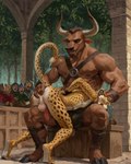 anal anal_fingering anal_penetration anthro anthro_on_anthro anthro_penetrated anthro_penetrating arms_tied balls bdsm bound brown_body brown_hair bulge butt clothing cuff_(restraint) detailed_background digitigrade dominant dominant_male duo erection fingering fur genitals grin hair hands_behind_back hands_tied harness hooves horn humiliation kneeling leather leather_cuffs leather_harness male male/male markings muscular muscular_male nipples nude on_lap outside pecs penetration penis perineum plant public public_humiliation public_sex punishment restraints sex sitting size_difference smile spots spotted_markings submissive submissive_male tail tree leon_cheetah european_mythology greek_mythology mythology bovid bovine cheetah felid feline mammal minotaur hi_res